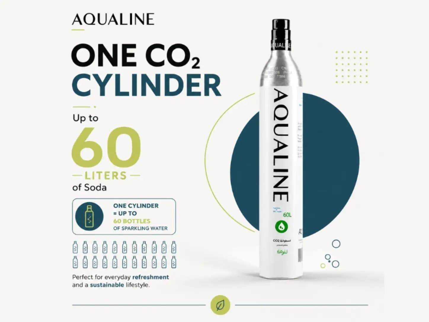 One Aqualine CO2 cylinder makes up to 60 liters of soda