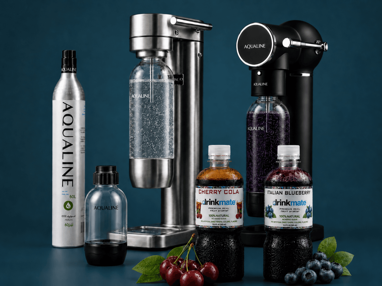 Aqualine soda maker with flavor bottles and CO2 cylinder